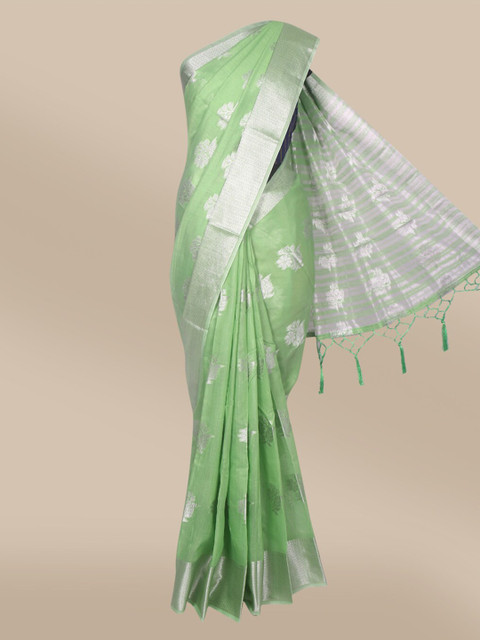 

The Chennai Silks Green & Silver-Toned Floral Cotton Blend Chanderi Saree