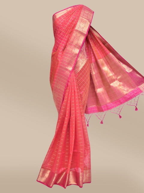 

The Chennai Silks Coral & Gold-Toned Checked Silk Cotton Fusion Maheshwari Saree