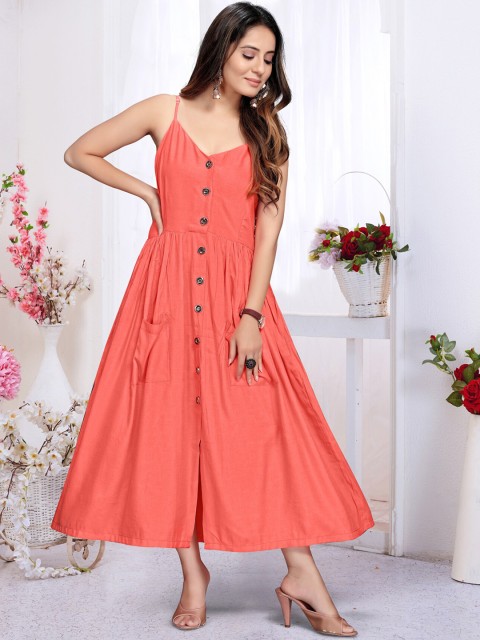 

Rizzly Women Peach Solid A-Line Maxi Dress