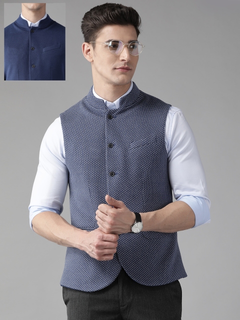 

Blackberrys Men Navy Blue & White Woven Waistcoat