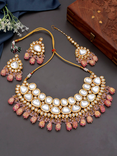 

Silvermerc Designs Woman Gold-Plated White Kundan Studded &Pink Beaded Jewellery Set