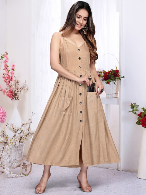 

Rizzly Women Camel Brown Solid A-Line Maxi Dress