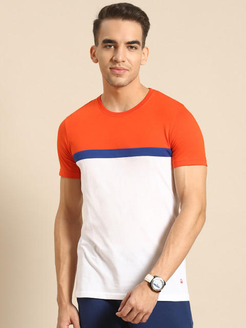 

United Colors of Benetton Men White & Orange Colourblocked T-shirt