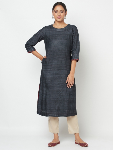 

Fabindia Women Navy Blue Silk Self-Striped Straight Kurta