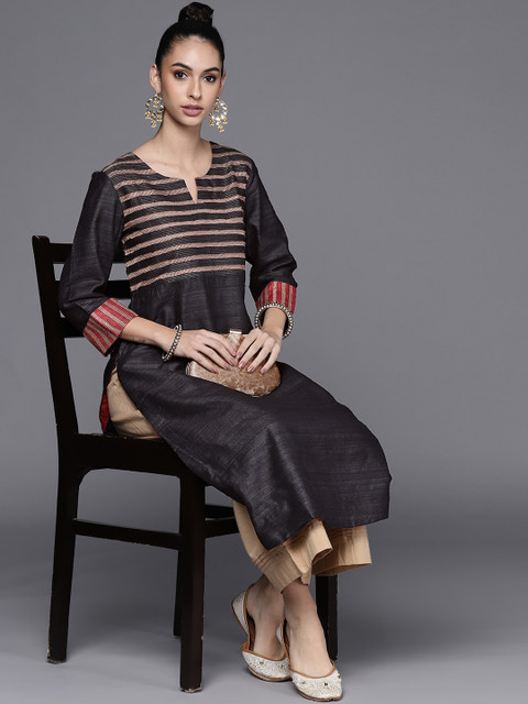 

Fabindia Women Black & Golden Striped Straight Kurta