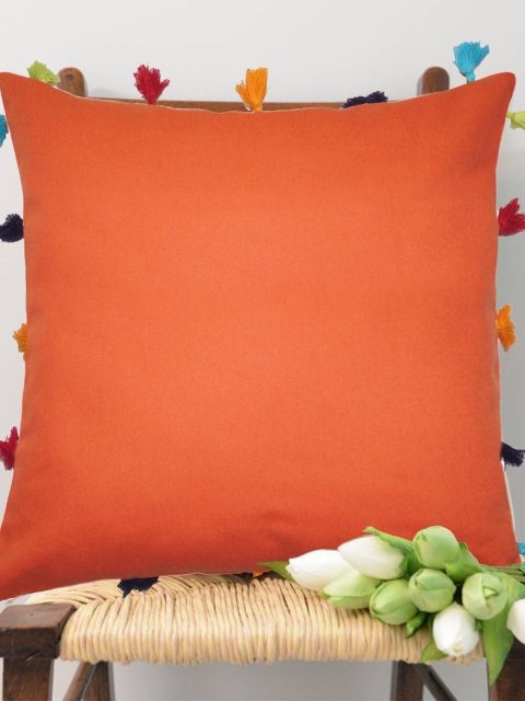 

Lushomes Orange Square Cushion Covers with Colorful Tassels