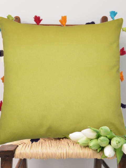 

Lushomes Yellow Pure Cotton Square Cushion Covers With Tassels