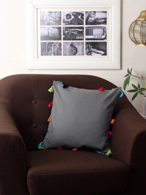 

Lushomes Set of 5 Grey Square Cotton Cushion Covers with Colorful Tassels