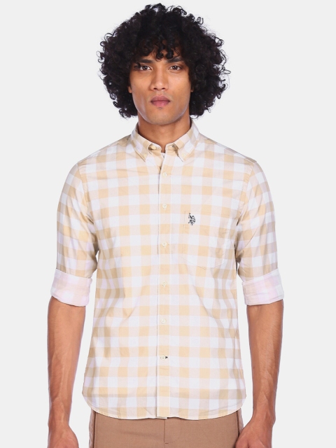 

U S Polo Assn Men Beige Pure Cotton Opaque Checked Casual Shirt
