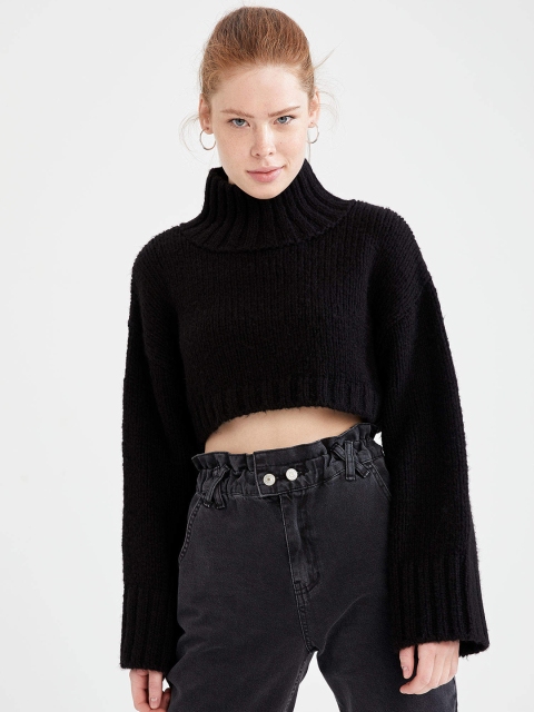 

DeFacto Women Black Ribbed Crop Pullover