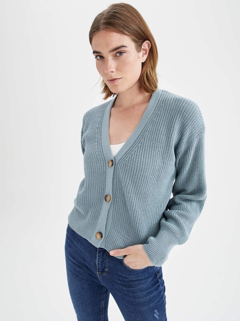 

DeFacto Women Turquoise Blue Oversized Ribbed Cardigan