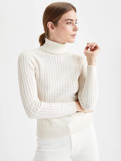 

DeFacto Women Beige Cable Knit FITTED Tricot Pullover