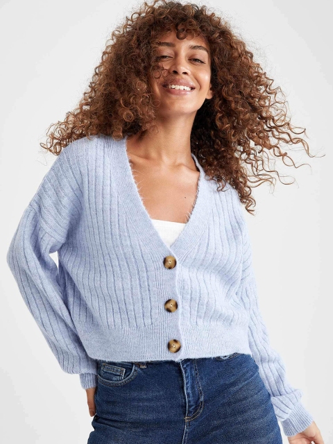 

DeFacto Women Blue Striped REGULAR FIT Tricot Cardigan