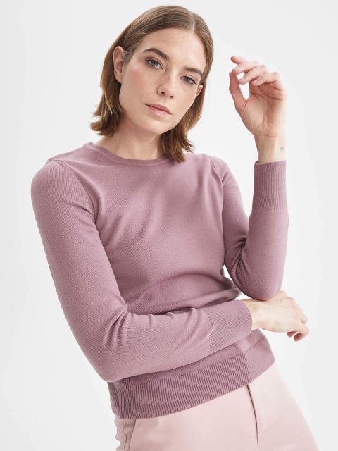 

DeFacto Women Pink Solid Basic REGULAR FIT Pullover Sweater