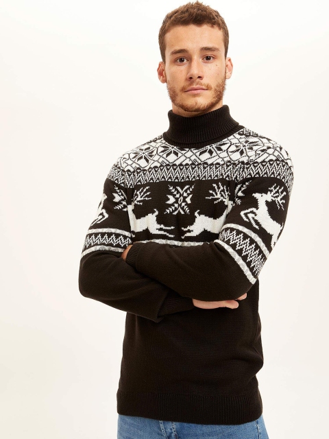 

DeFacto Men Black & White Slim Fit Fair Isle Patterned Acrylic Pullover