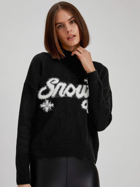 

DeFacto Women Black & White Fuzzy Typography Patterned Pullover