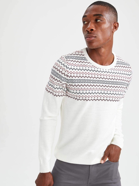 

DeFacto Men White Printed Pure Acrylic Slim Fit Pullover