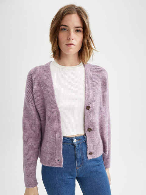 

DeFacto Women Lavender Self-Design Tricot Cardigan
