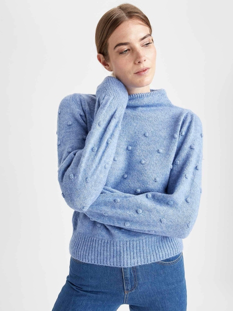 

DeFacto Women Blue Self Designed Turtle Neck Pullover