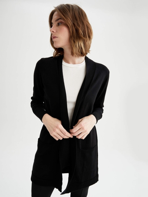 

DeFacto Women Black Acrylic Longline Front-Open Tricot Cardigan