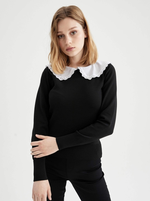 

DeFacto Women Black Solid Pullover with Schiffli Embroidered Neck