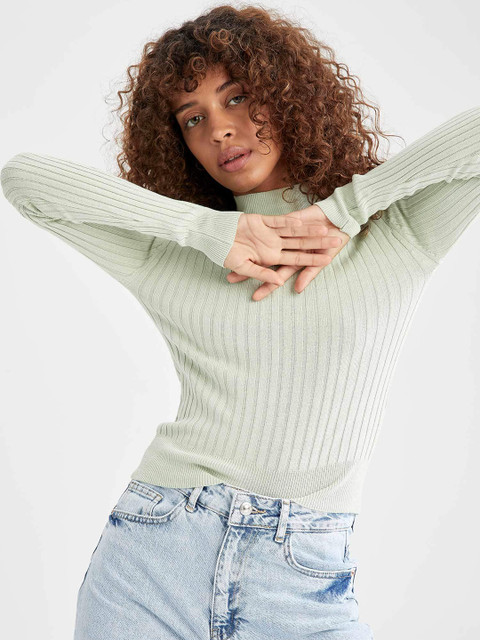 

DeFacto Women Mint Green Self-Striped Pullover