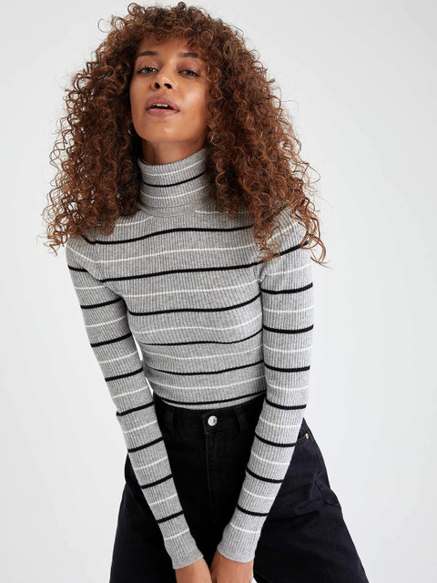 

DeFacto Women Grey & Black Striped Pullover