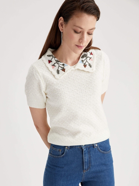 

DeFacto Women Off White Pullover with Embroidered Detail