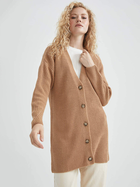

DeFacto Women Brown Ribbed Acrylic Longline Front-Open Sweater