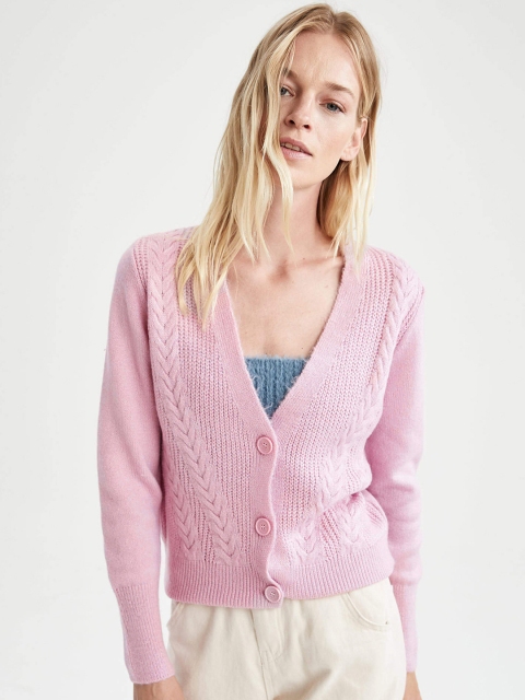 

DeFacto Women Lavender Self Design Crop Cardigan