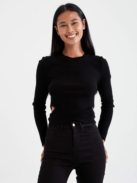 

DeFacto Women Black Ribbed Slim Fit Pullover