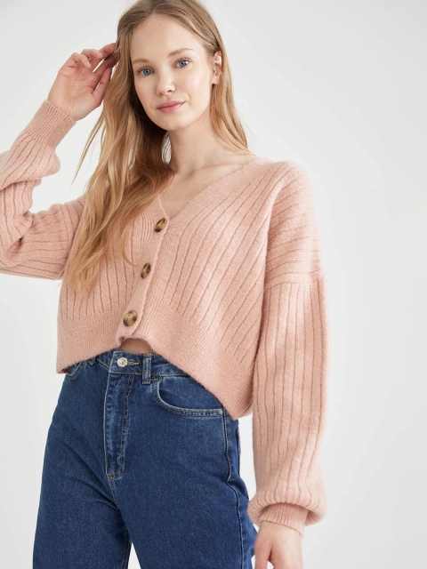 

DeFacto Women Peach-Coloured Ribbed Crop Cardigan