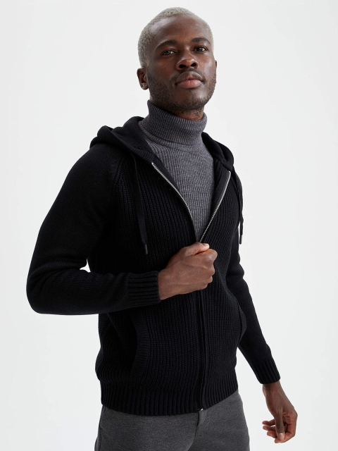 

DeFacto Men Black Ribbed Pure Acrylic Cardigan