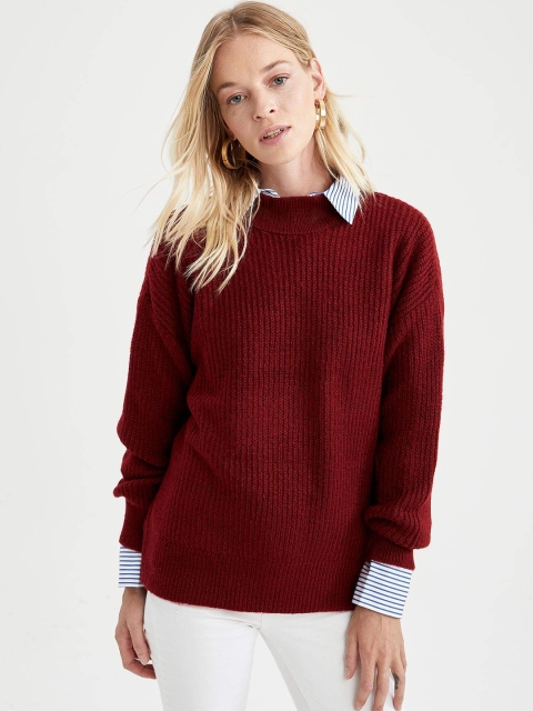 

DeFacto Women Maroon Self Designed Long Sleeved Pullover Sweater