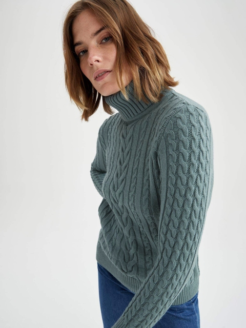 

DeFacto Women Blue Solid Regular Fit Cable Knit Pullover