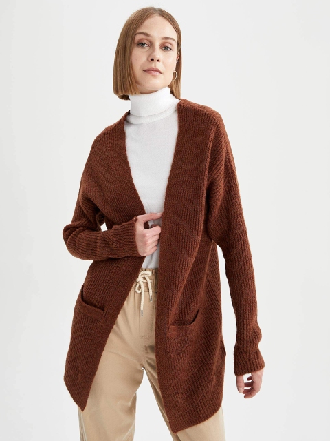 

DeFacto Women Brown Open Knit Longline Front-Open Sweater