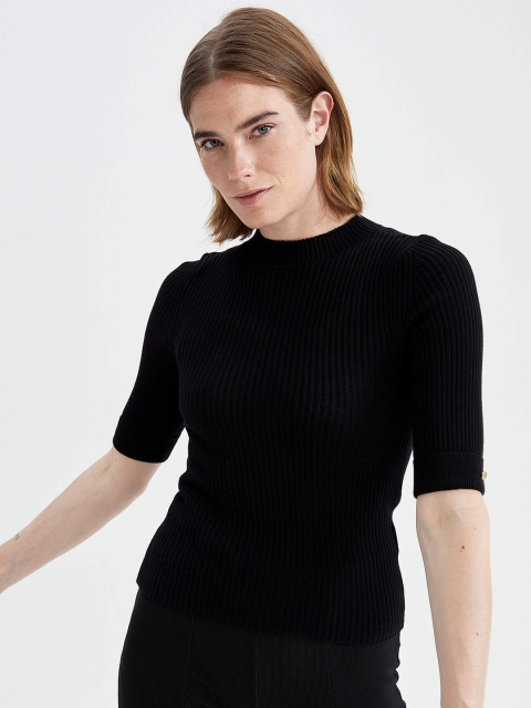 

DeFacto Women Black Pure Cotton Ribbed Pullover