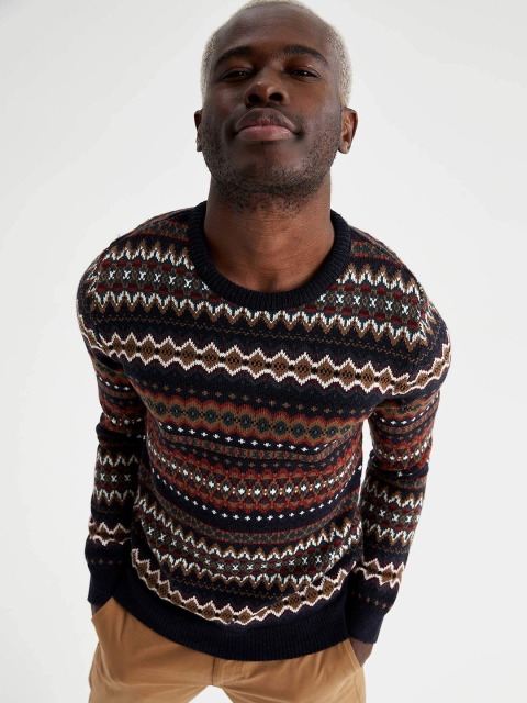 

DeFacto Men Multicoloured Chevron Striped Slim Fit Pullover, Multi