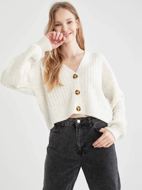 

DeFacto Women Off White Ribbed Regular Fit Crop Cardigan
