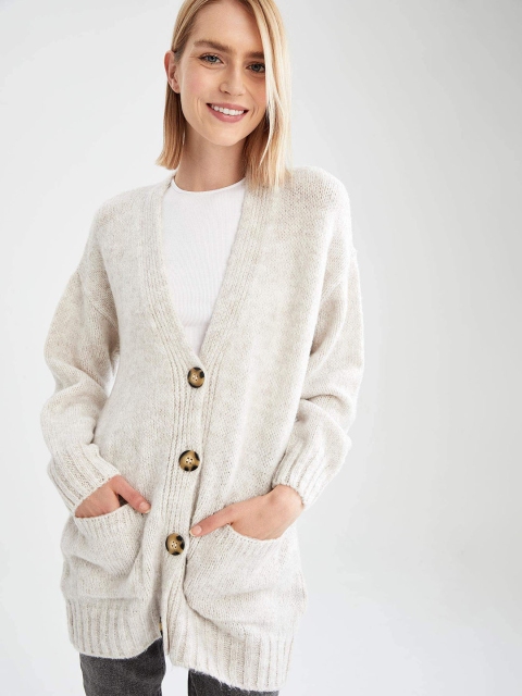 

DeFacto Women Grey Melange Longline Cardigan