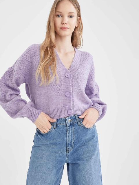 

DeFacto Women Lavender Self Design Cardigan