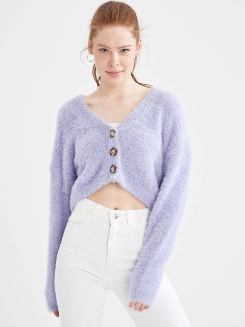 

DeFacto Women Blue Crop Cardigan with Fuzzy Detail
