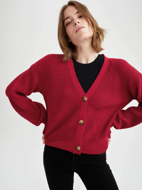 

DeFacto Women Red Acrylic Oversized Fit Cardigan