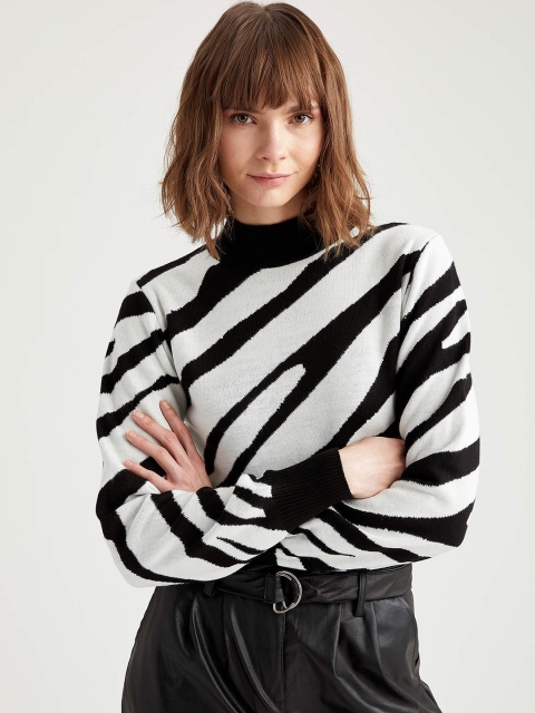 

DeFacto Women Black & White Striped Acrylic Pullover