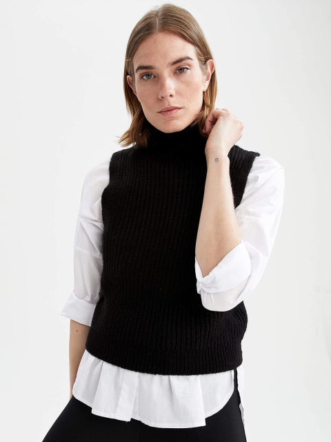 

DeFacto Women Black Self Designed Turtle Neck Sleeveless Pullover Sweater