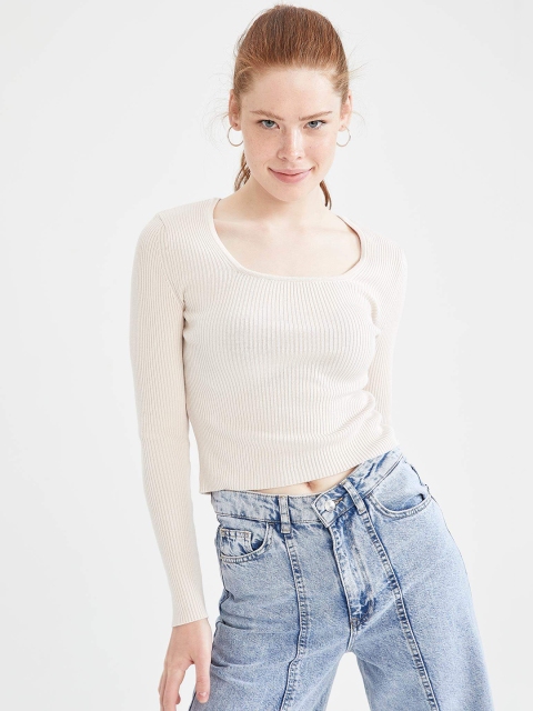 

DeFacto Women Cream-Coloured Slim Fit Ribbed Pullover