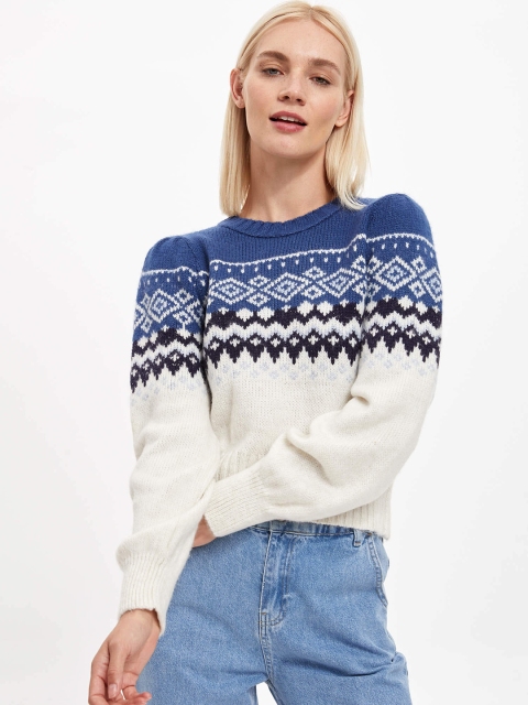 

DeFacto Women Off White & Blue Fair Isle Printed Pullover