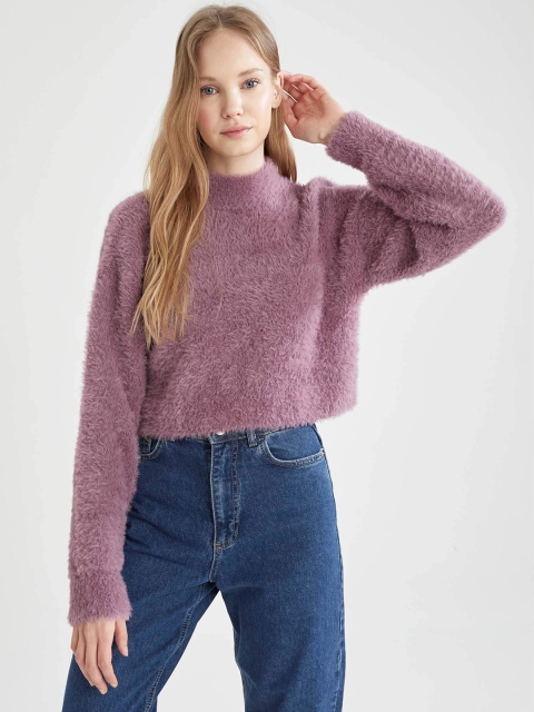 

DeFacto Women Purple Cropped Fit Tricot Pullover