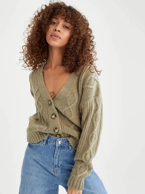 

DeFacto Women Green Cable Knit Relaxed Fit Cardigan