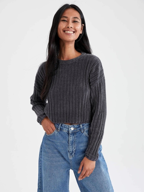 

DeFacto Women Charcoal Grey Self-Striped Crop Pullover